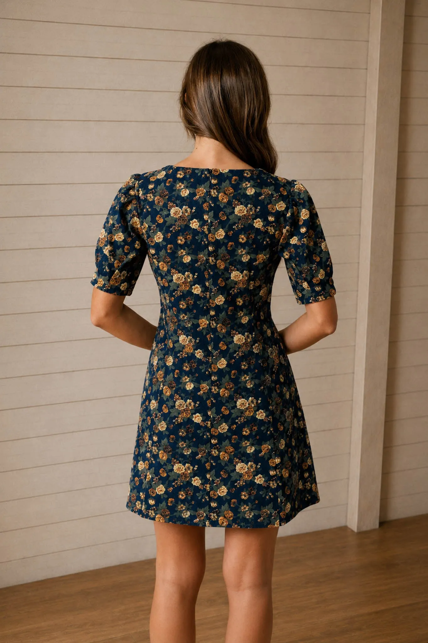 FLORAL PUFF SLEEVE SEAM DETAIL DENIM MINI DRESS (PRE-ORDER) sold by Blu Pepper product image thumbnail 2