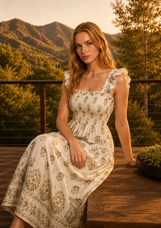 FLORAL BORDER HEM TRIM SMOCKED MIDI DRESS (PRE-ORDER) made by mine