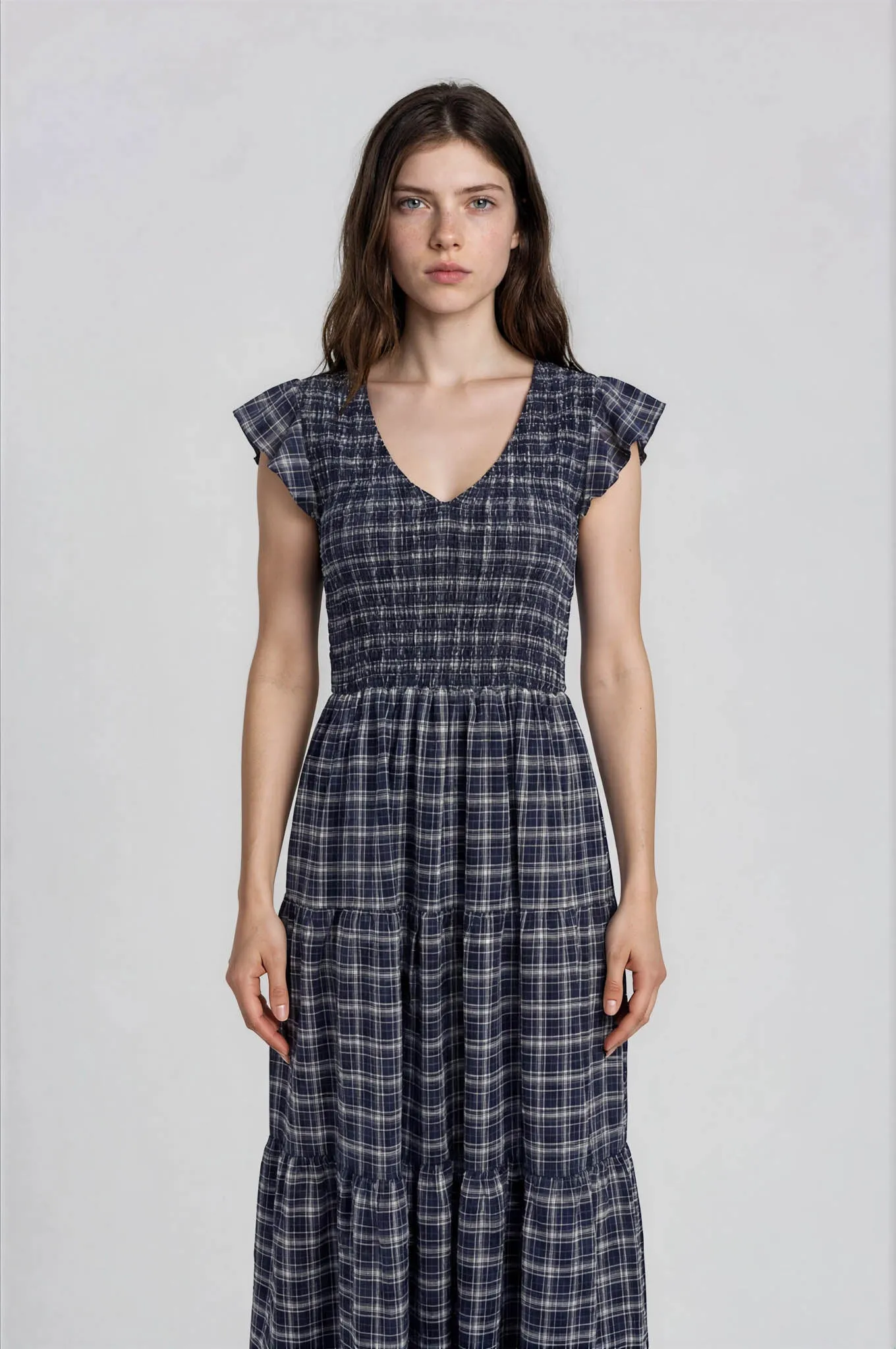 PLAID V NECK SMOCKED TIERED MIDI DRESS sold by Blu Pepper product image thumbnail 4