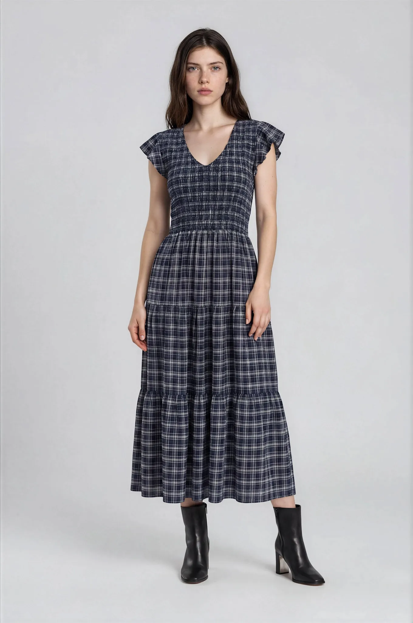 PLAID V NECK SMOCKED TIERED MIDI DRESS sold by Blu Pepper product image thumbnail 5