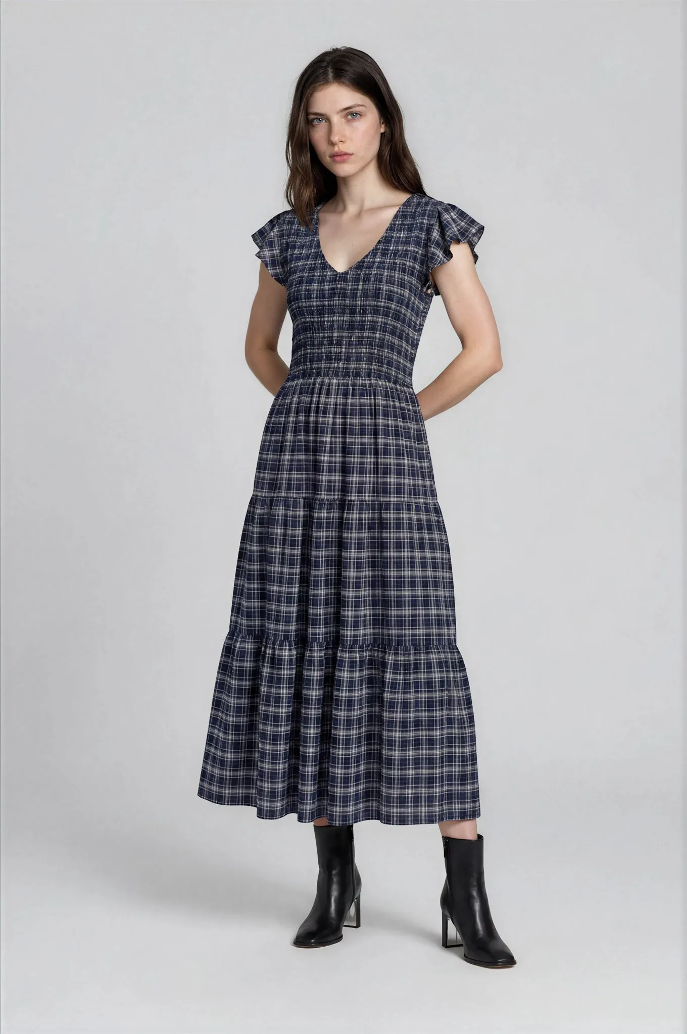 PLAID V NECK SMOCKED TIERED MIDI DRESS sold by Blu Pepper product image thumbnail 3