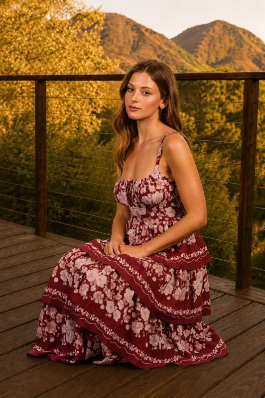FLORAL BORDER PRINT RUFFLE TIERED MIDI DRESS made by mine