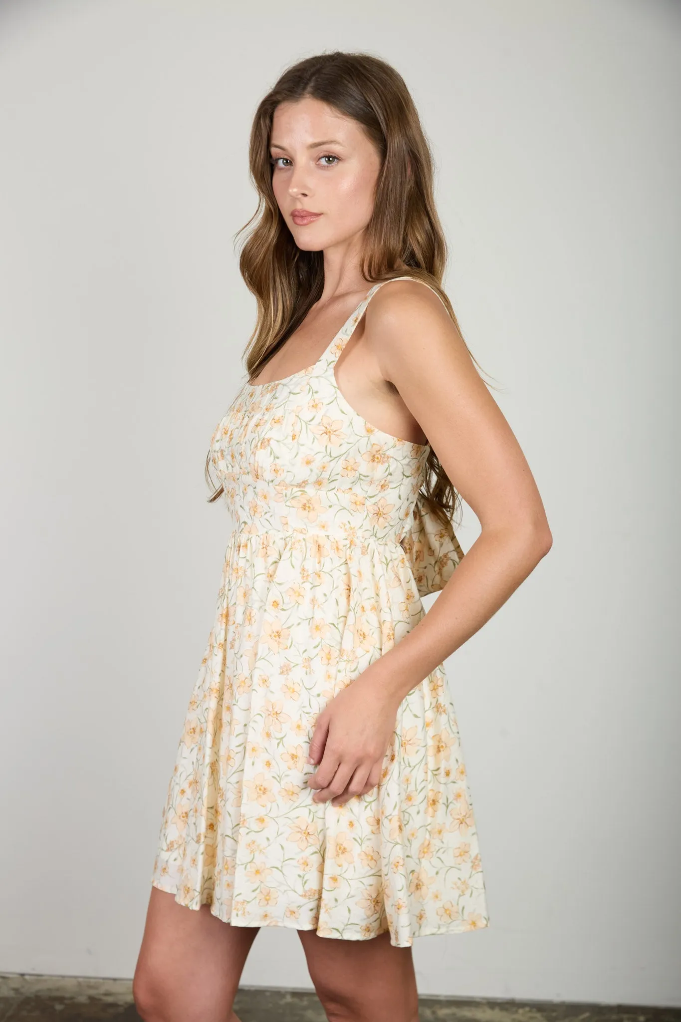 FLORAL GATHERED BACK TIE SLEEVELESS MINI DRESS sold by Blu Pepper product image thumbnail 3
