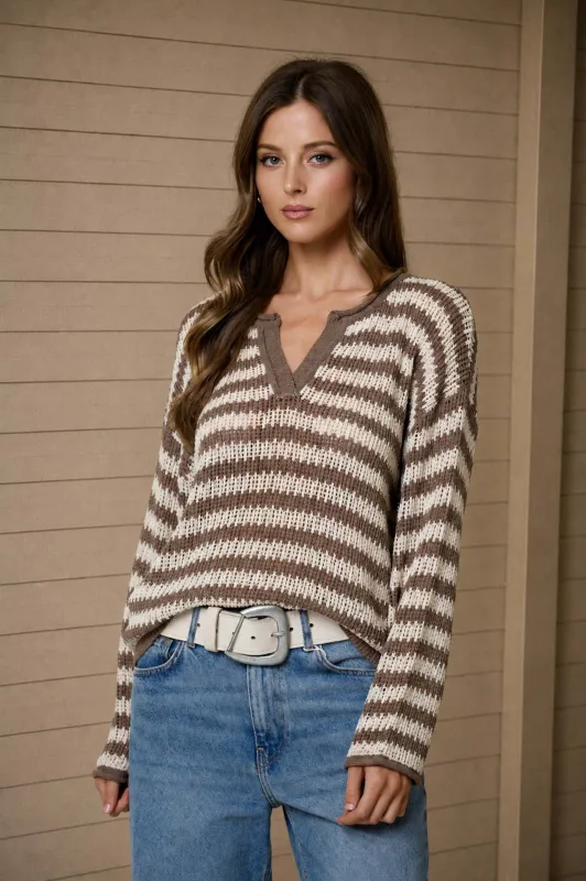 STRIPE RAW EDGE SPLIT NECK SHEER KNIT SWEATER made by Blu Pepper