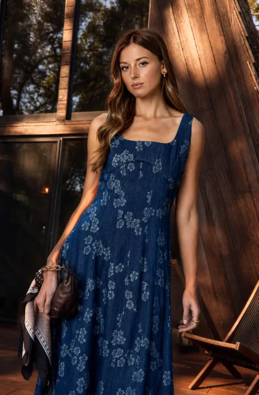 FLORAL JACQUARD CORSET DETAIL DENIM MIDI DRESS made by Blu Pepper