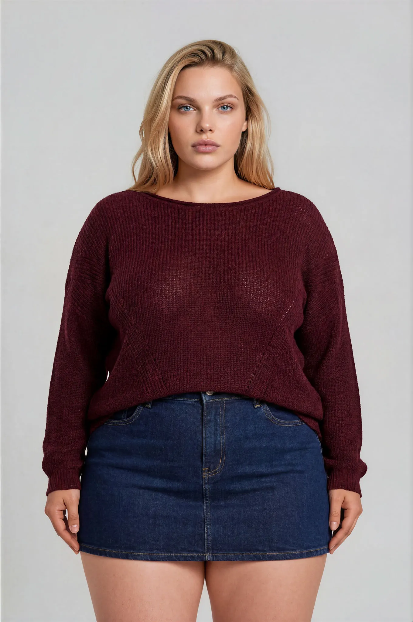 PLUS POINTELLE V STITCH ROLLED EDGE KNIT SWEATER (PRE-ORDER) sold by Blu Pepper product image thumbnail 3