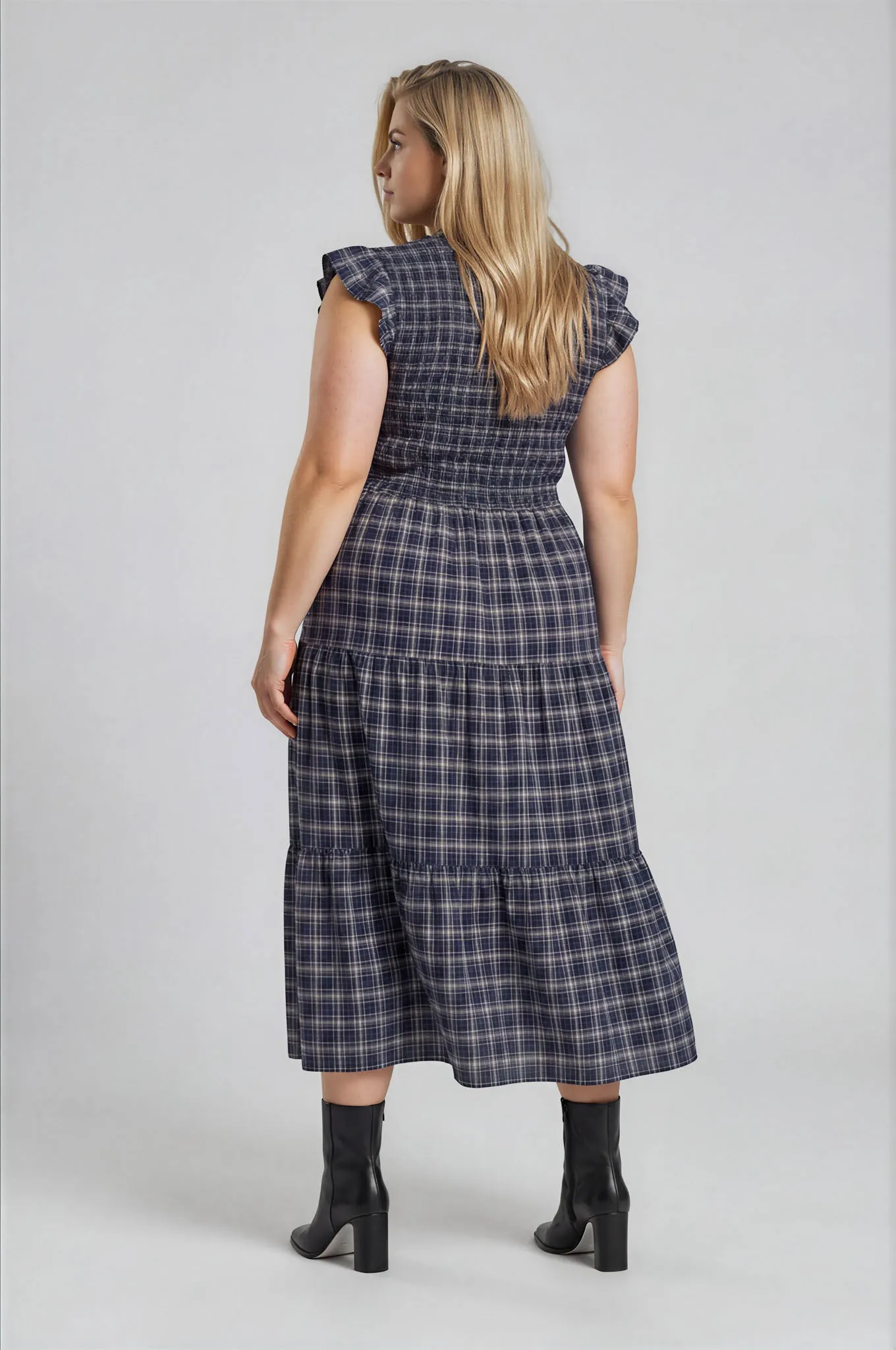 PLUS PLAID V NECK SMOCKED TIERED MIDI DRESS sold by Blu Pepper product image thumbnail 2
