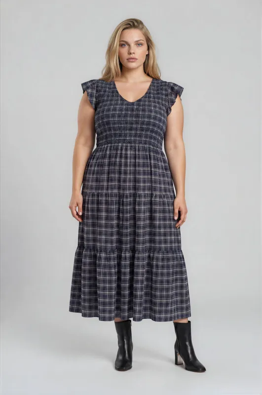 PLUS PLAID V NECK SMOCKED TIERED MIDI DRESS made by mine