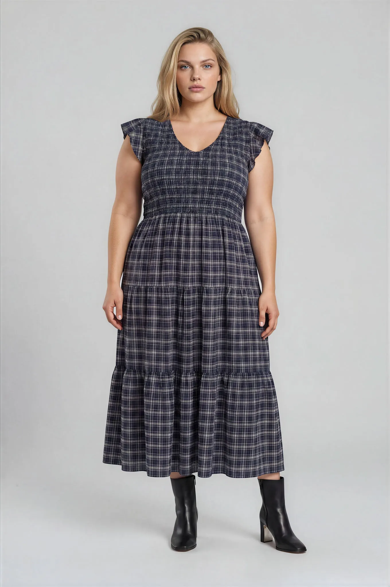 PLUS PLAID V NECK SMOCKED TIERED MIDI DRESS sold by Blu Pepper