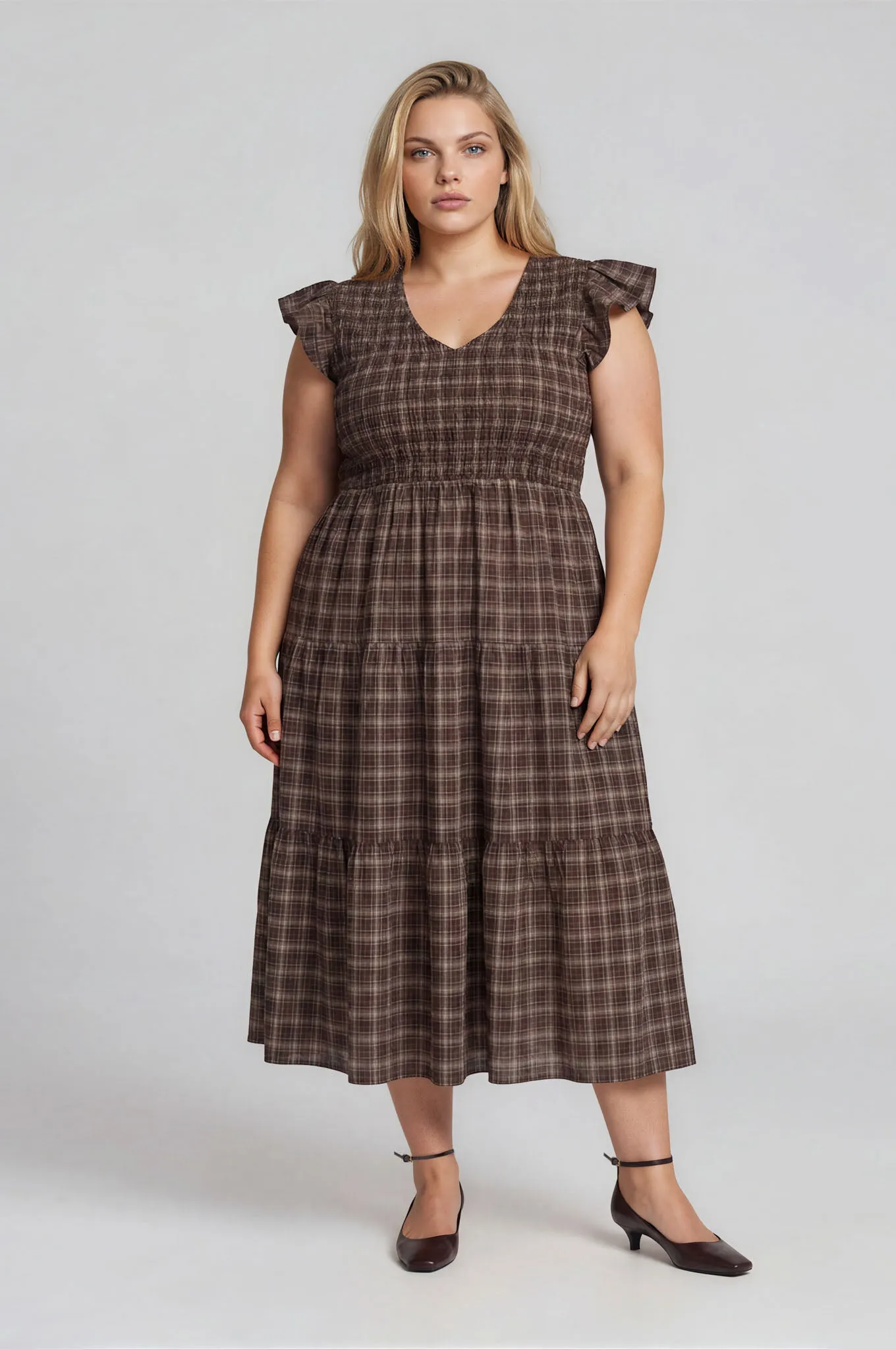 PLUS PLAID V NECK SMOCKED TIERED MIDI DRESS sold by Blu Pepper product image thumbnail 5