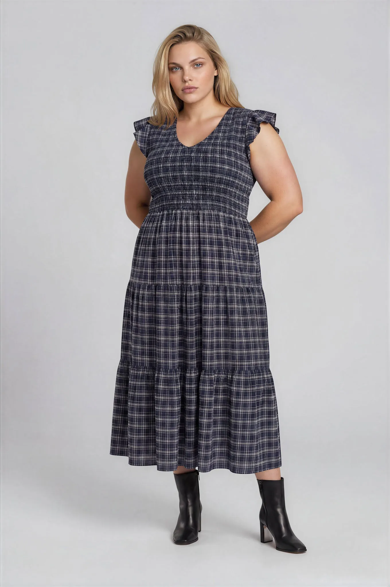 PLUS PLAID V NECK SMOCKED TIERED MIDI DRESS sold by Blu Pepper product image thumbnail 3