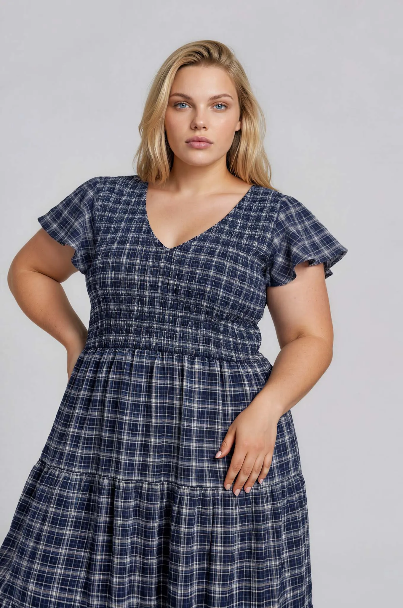 PLUS PLAID V NECK SMOCKED TIERED MIDI DRESS sold by Blu Pepper product image thumbnail 4