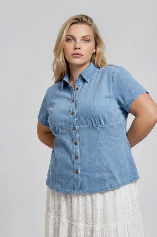 PLUS COLLARED BUTTON DOWN CINCHED WAIST DENIM TOP (PRE-ORDER) made by mine