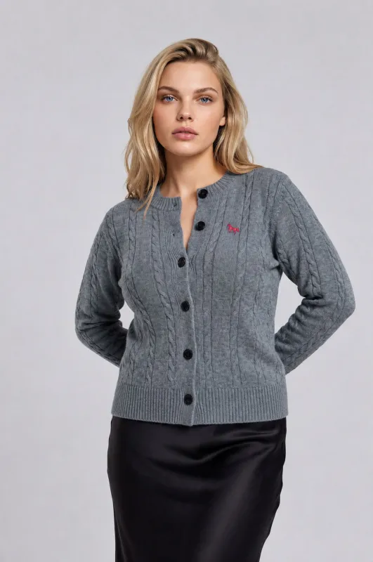 PLUS HORSE EMBROIDERY CABLE KNIT CARDIGAN (PRE-ORDER) made by Blu Pepper