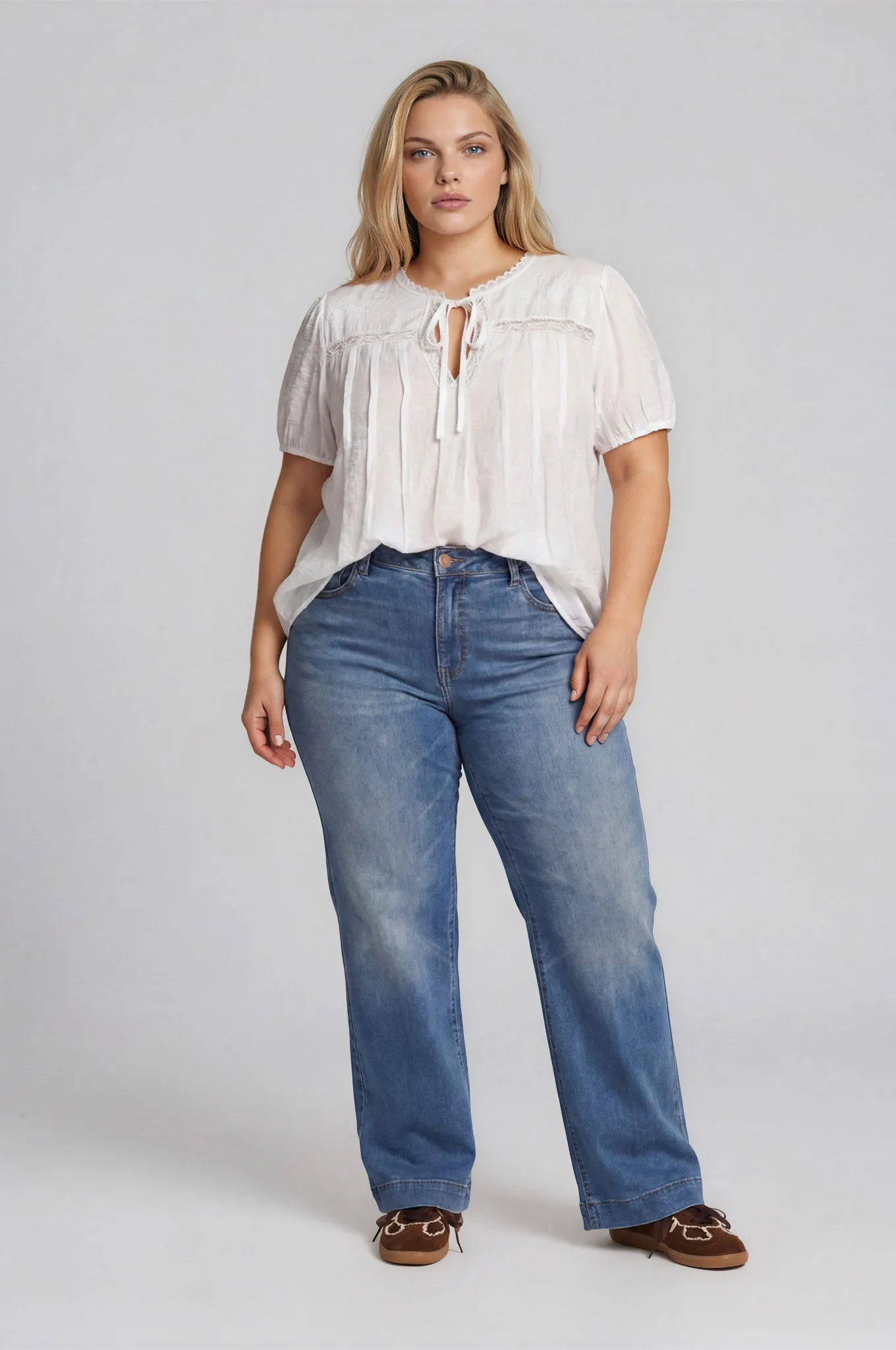 PLUS EMBROIDERED YOKE LACE TRIM PINTUCK DETAIL TOP sold by Blu Pepper product image thumbnail 4