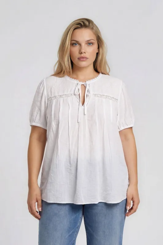 PLUS EMBROIDERED YOKE LACE TRIM PINTUCK DETAIL TOP made by mine