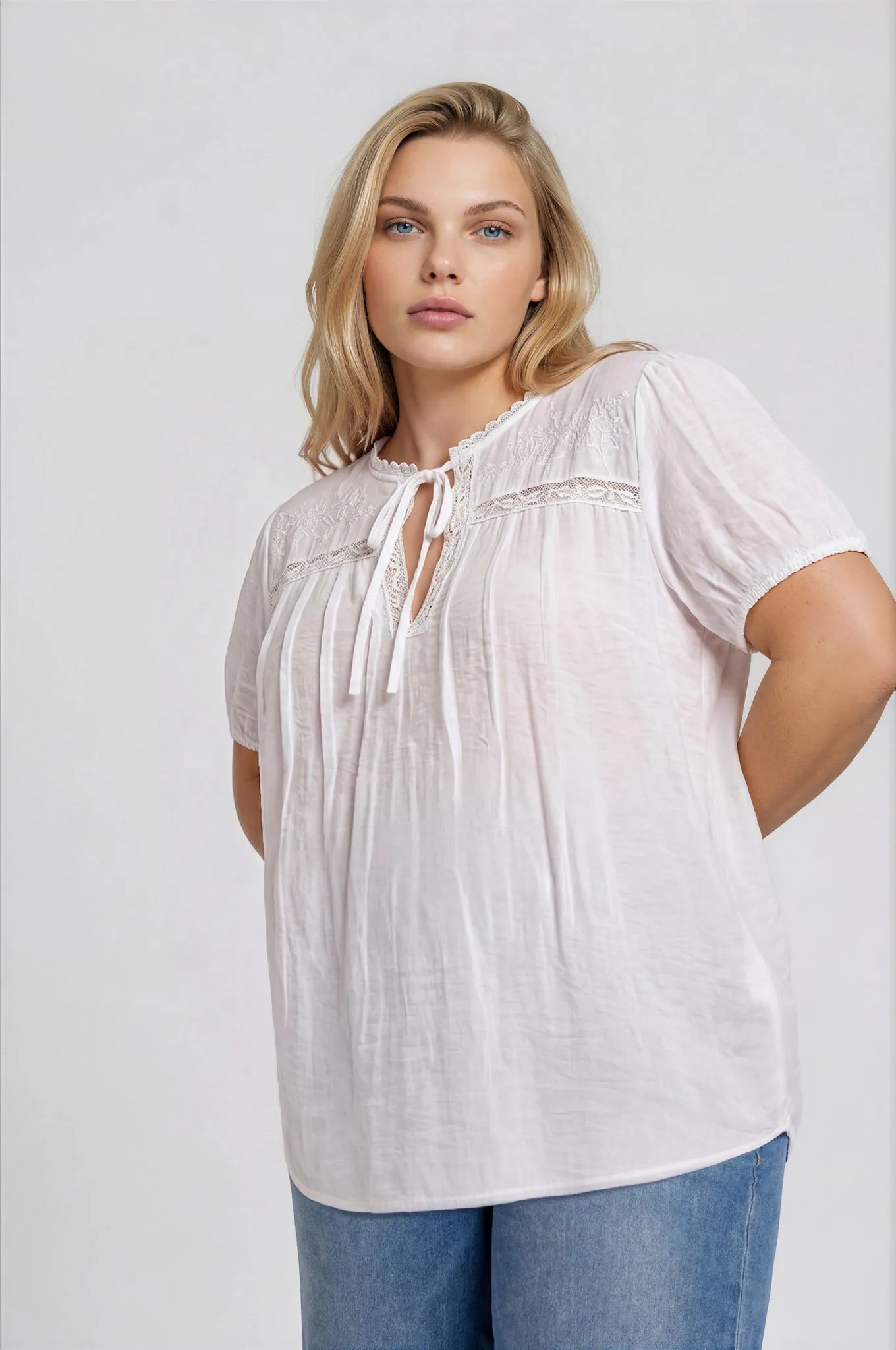 PLUS EMBROIDERED YOKE LACE TRIM PINTUCK DETAIL TOP sold by Blu Pepper product image thumbnail 3