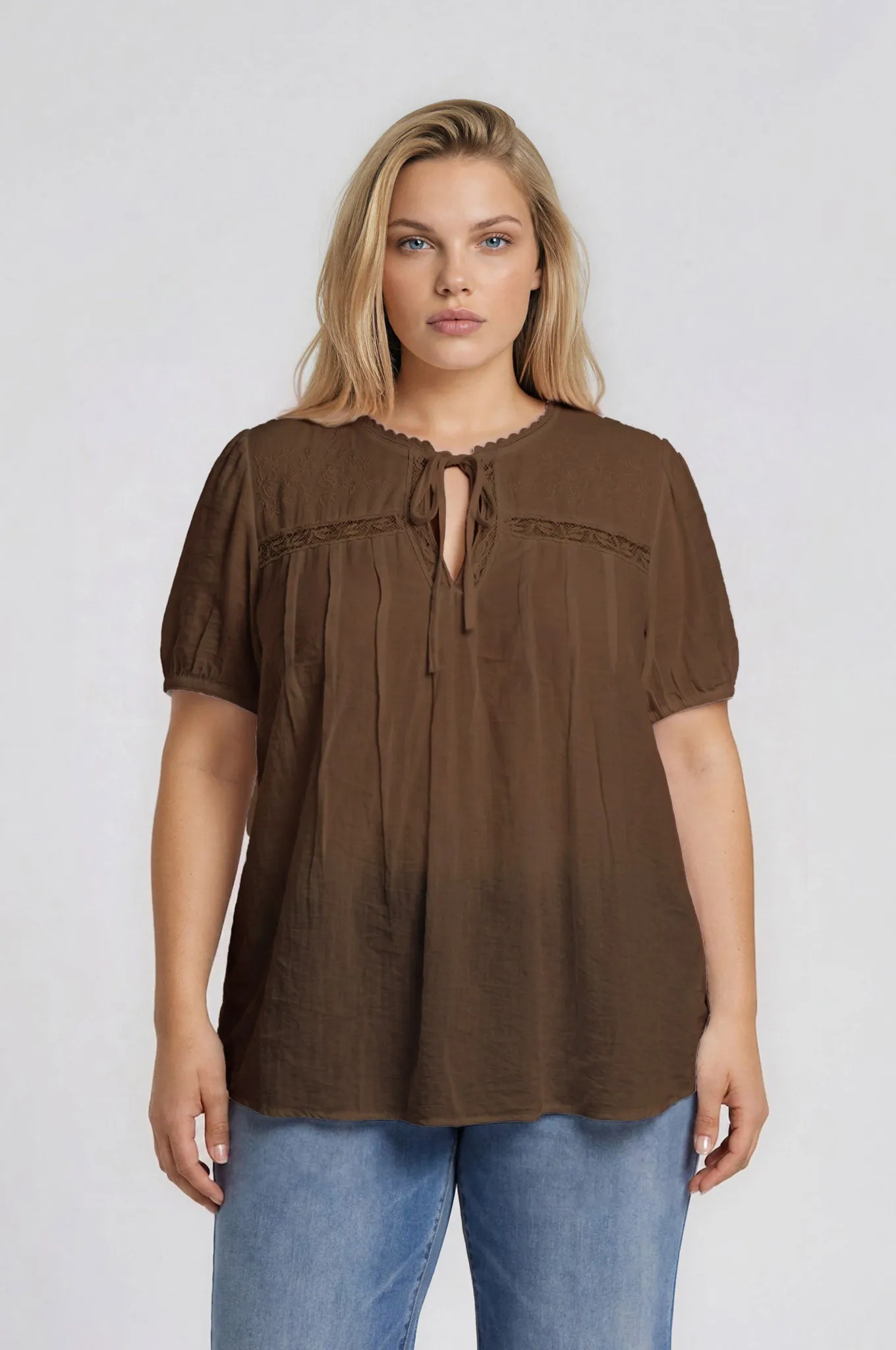 PLUS EMBROIDERED YOKE LACE TRIM PINTUCK DETAIL TOP sold by Blu Pepper product image thumbnail 5