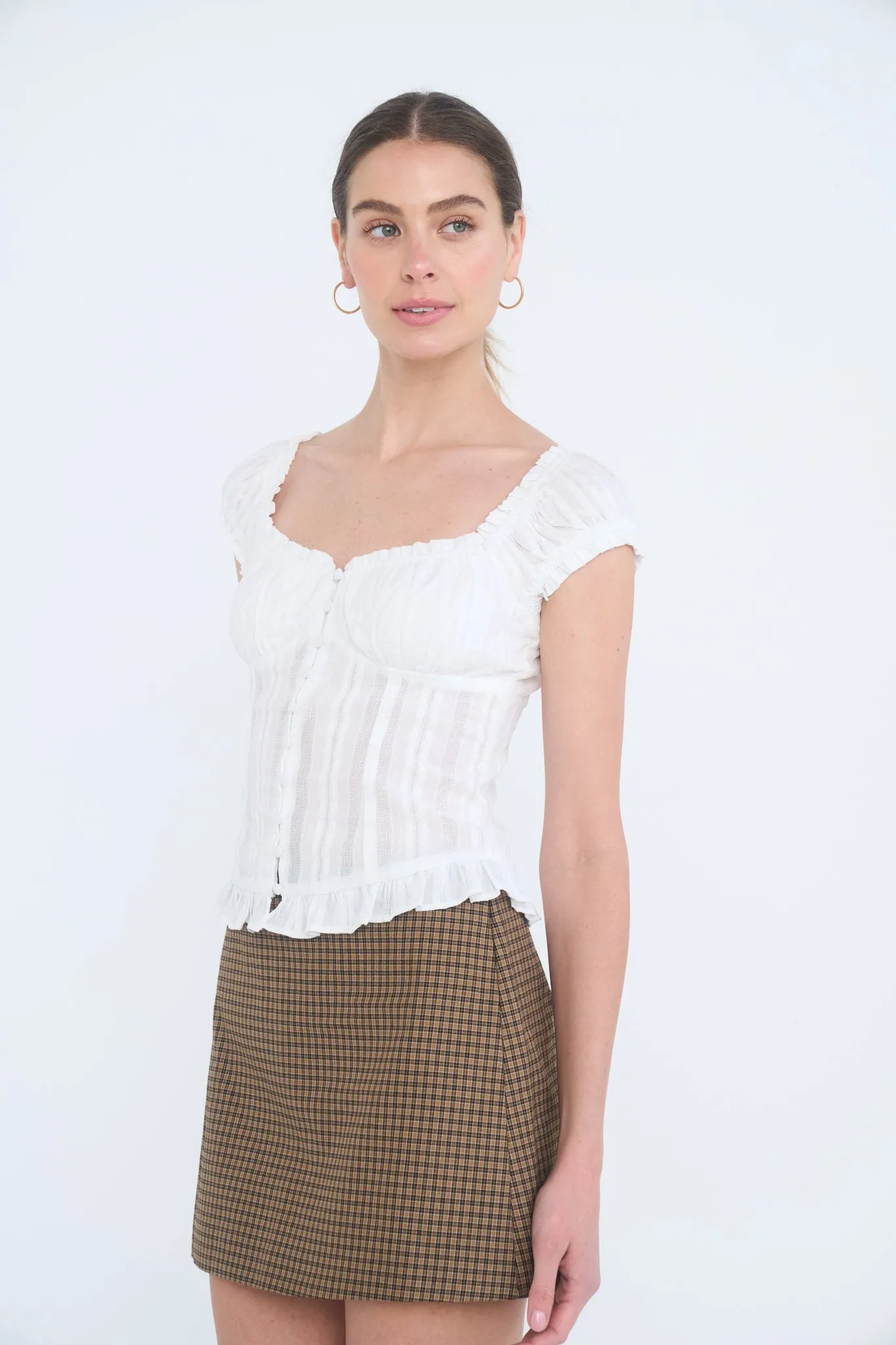 STRIPE TEXTURE RUFFLE TRIM BUTTON DOWN TOP sold by Blu Pepper product image thumbnail 3