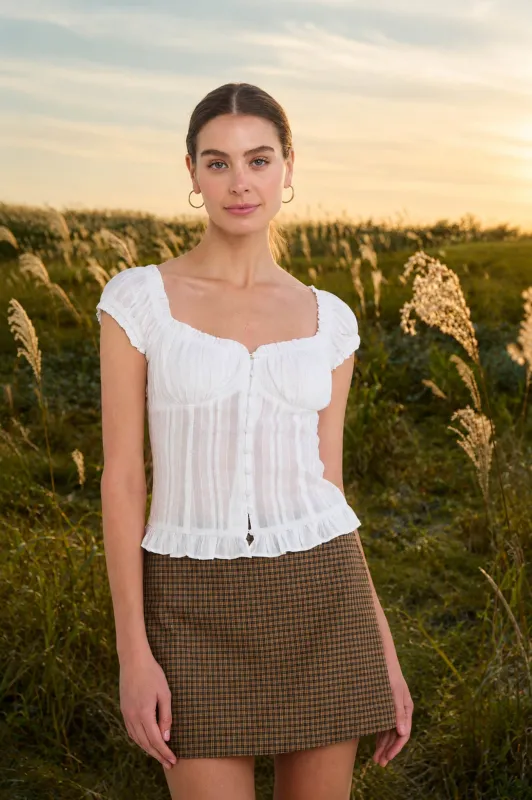 STRIPE TEXTURE RUFFLE TRIM BUTTON DOWN TOP made by mine