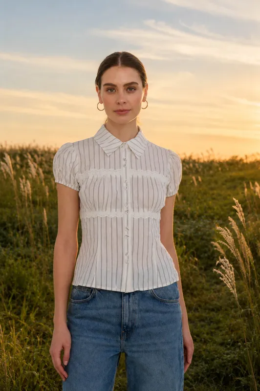 STRIPE COLLARED GATHERED LACE BUST DETAIL TOP made by mine