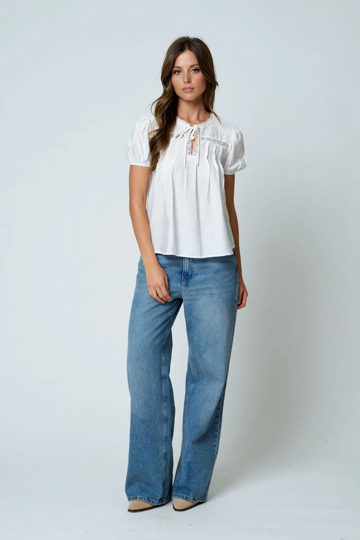 EMBROIDERED YOKE LACE TRIM PINTUCK DETAIL TOP sold by Blu Pepper product image thumbnail 4