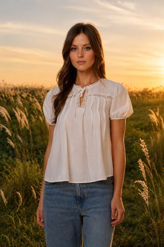 EMBROIDERED YOKE LACE TRIM PINTUCK DETAIL TOP made by mine