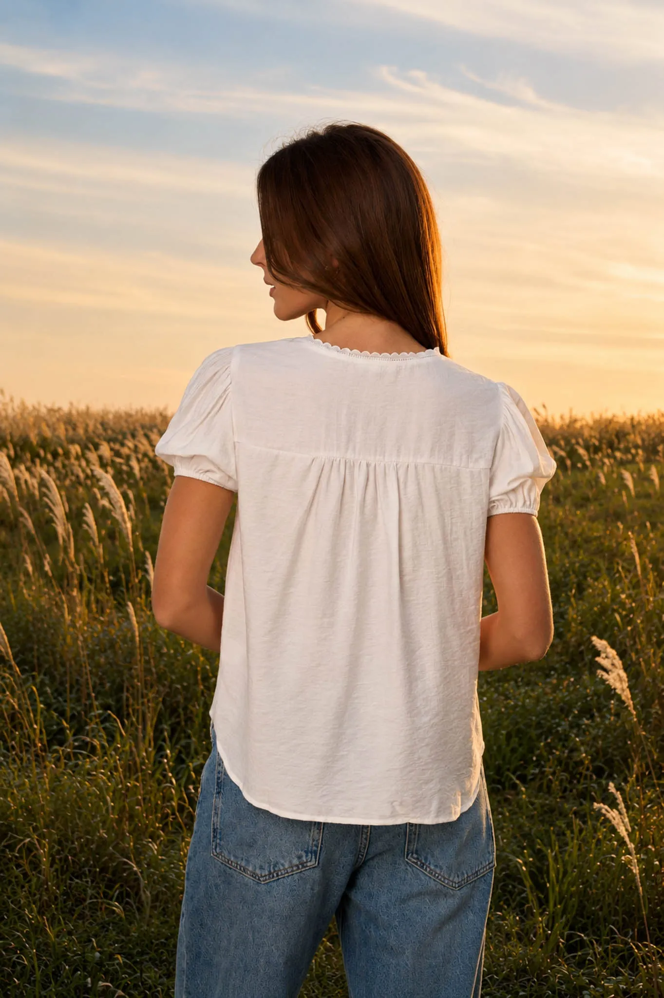 EMBROIDERED YOKE LACE TRIM PINTUCK DETAIL TOP sold by Blu Pepper product image thumbnail 2