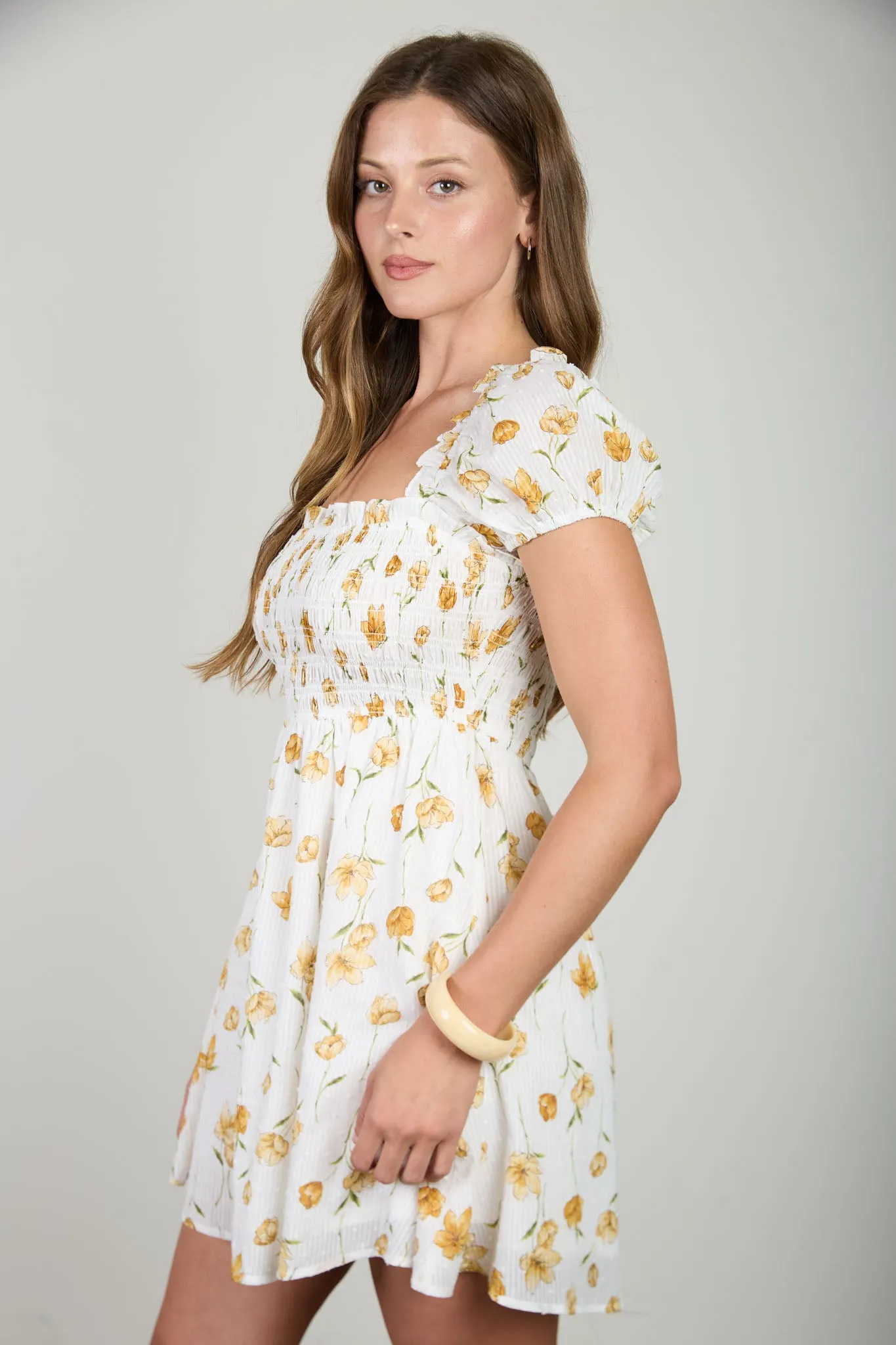 FLORAL SMOCKED SQUARE NECK PUFF SLEEVE MINI DRESS sold by Blu Pepper product image thumbnail 3