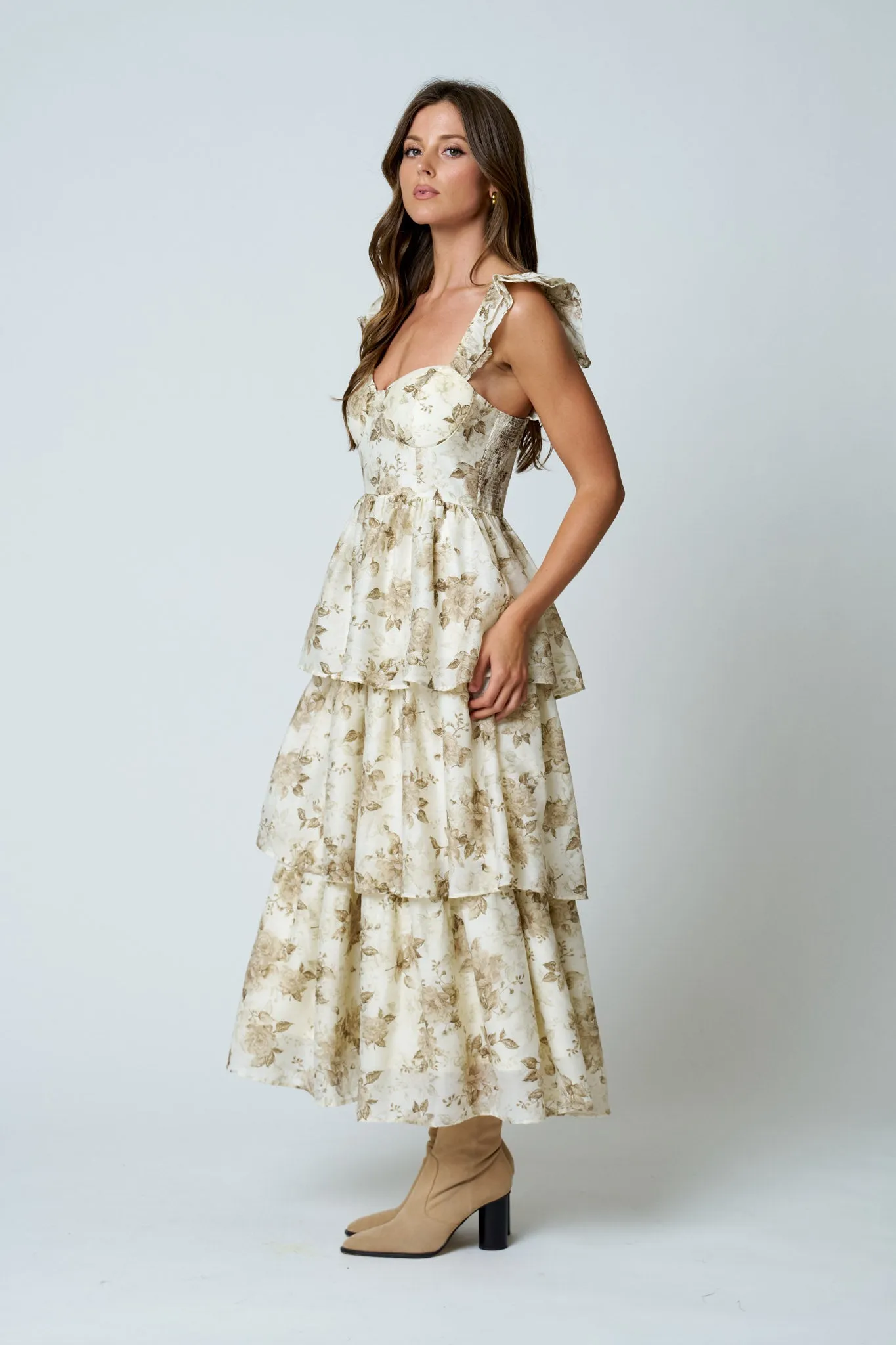 FLORAL PRINT RUFFLE TIERED SPAGHETTI MIDI DRESS sold by Blu Pepper product image thumbnail 4