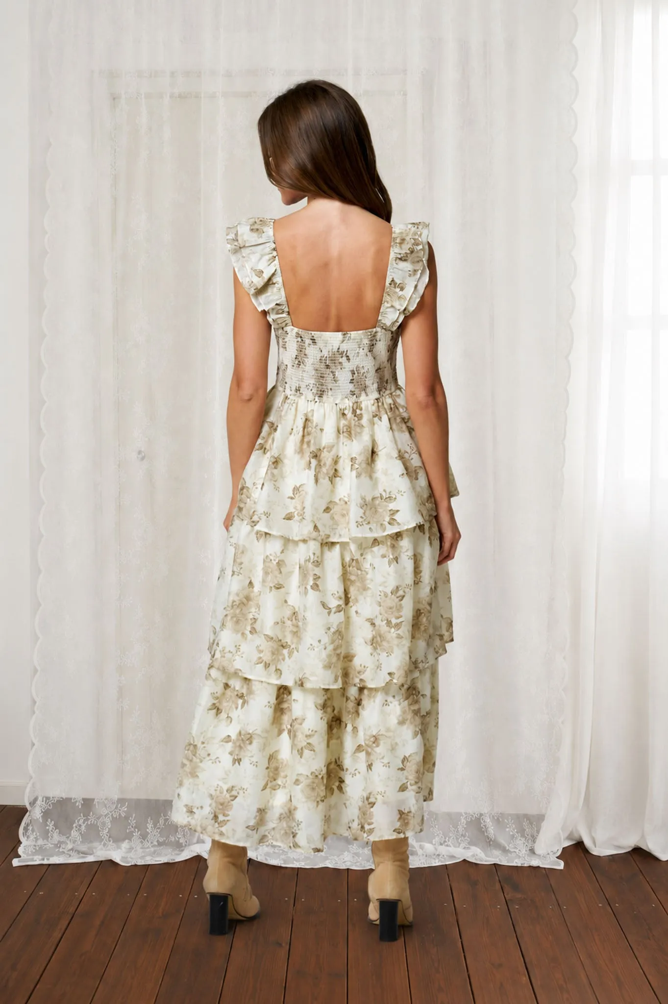 FLORAL PRINT RUFFLE TIERED SPAGHETTI MIDI DRESS sold by Blu Pepper product image thumbnail 2