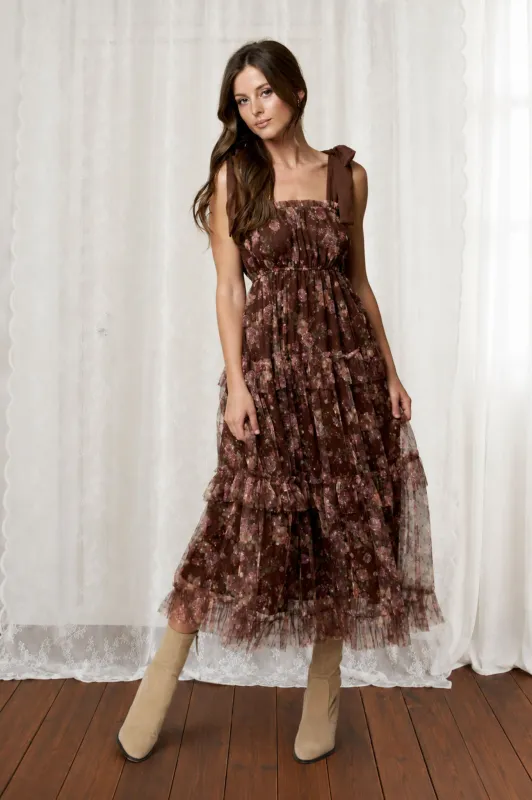 FLORAL CHIFFON TIE STRAP RUFFLED TIERED MIDI DRESS made by mine