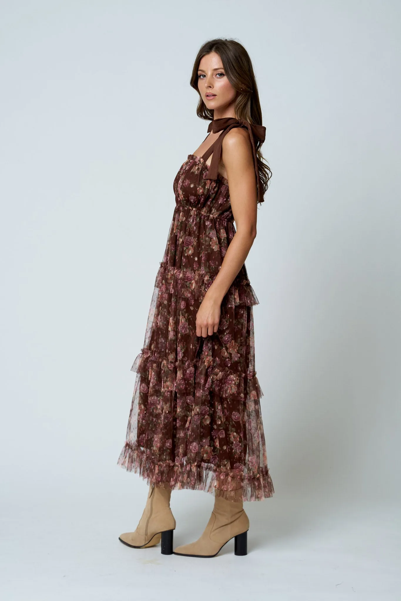 FLORAL CHIFFON TIE STRAP RUFFLED TIERED MIDI DRESS sold by Blu Pepper product image thumbnail 4