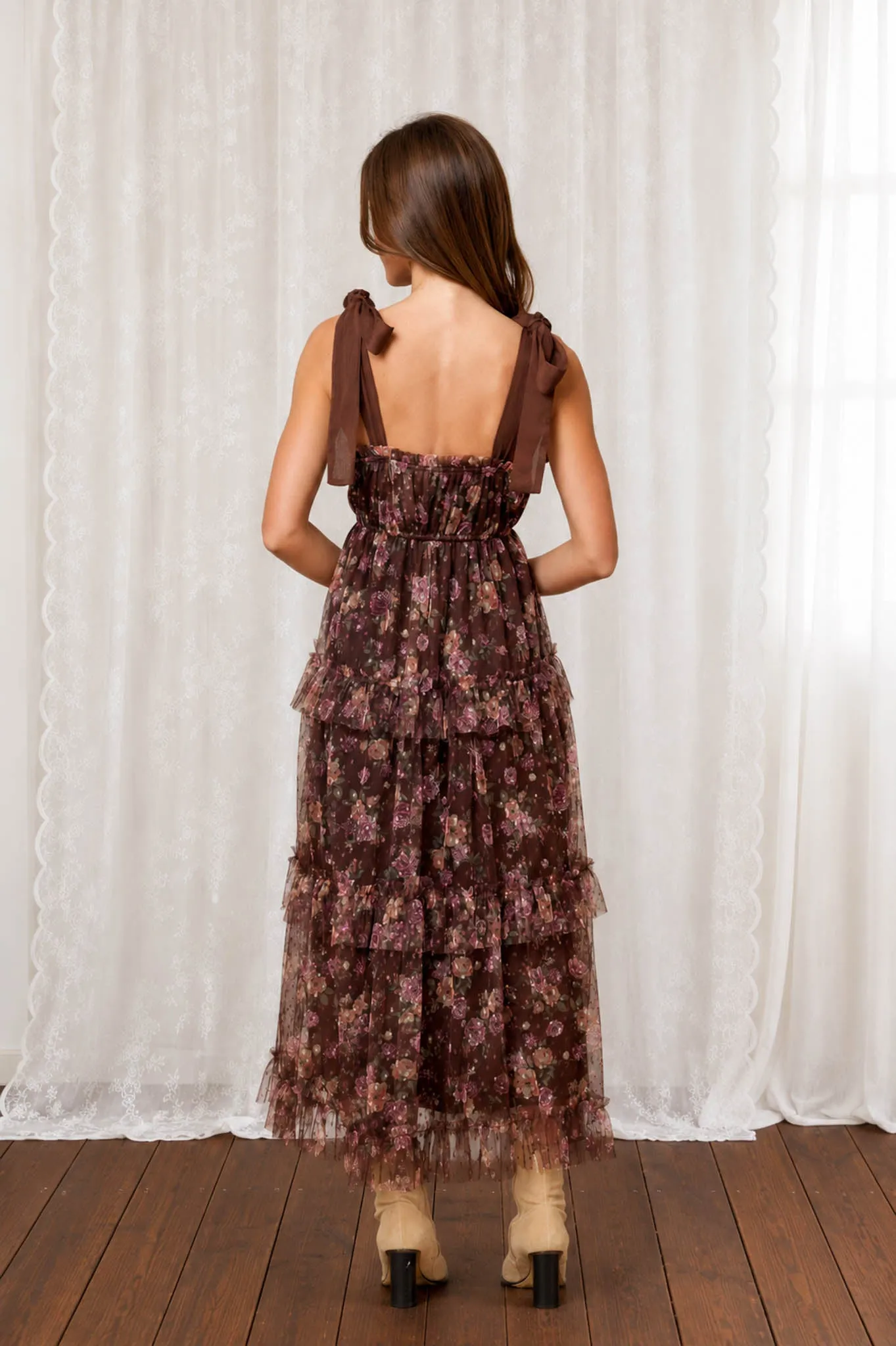 FLORAL CHIFFON TIE STRAP RUFFLED TIERED MIDI DRESS sold by Blu Pepper product image thumbnail 2
