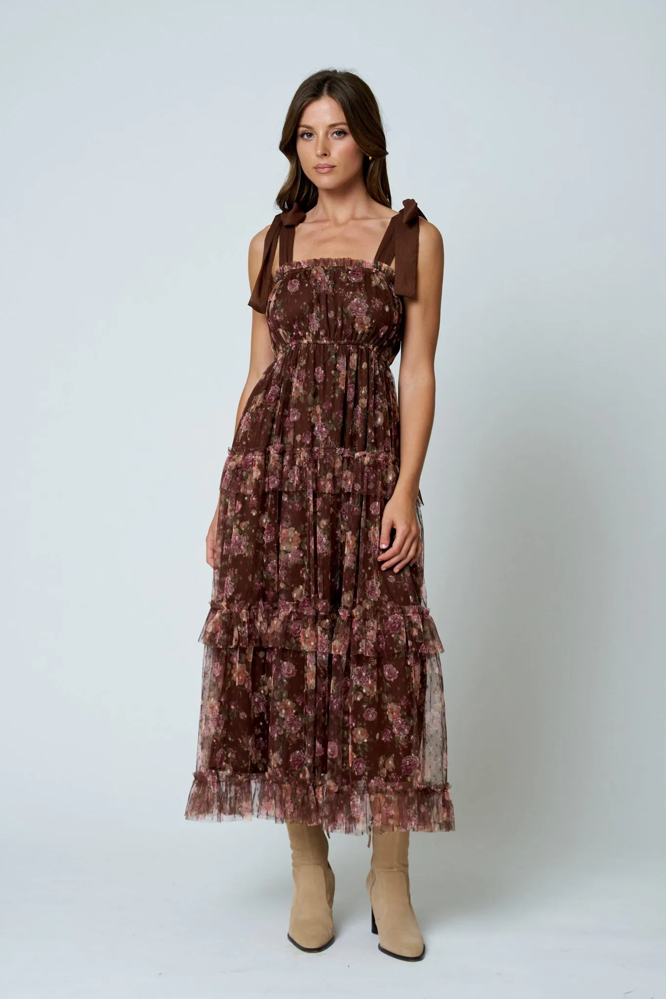 FLORAL CHIFFON TIE STRAP RUFFLED TIERED MIDI DRESS sold by Blu Pepper product image thumbnail 5
