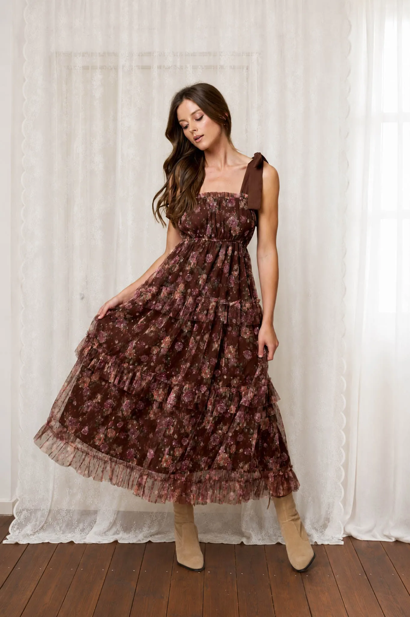 FLORAL CHIFFON TIE STRAP RUFFLED TIERED MIDI DRESS sold by Blu Pepper product image thumbnail 3