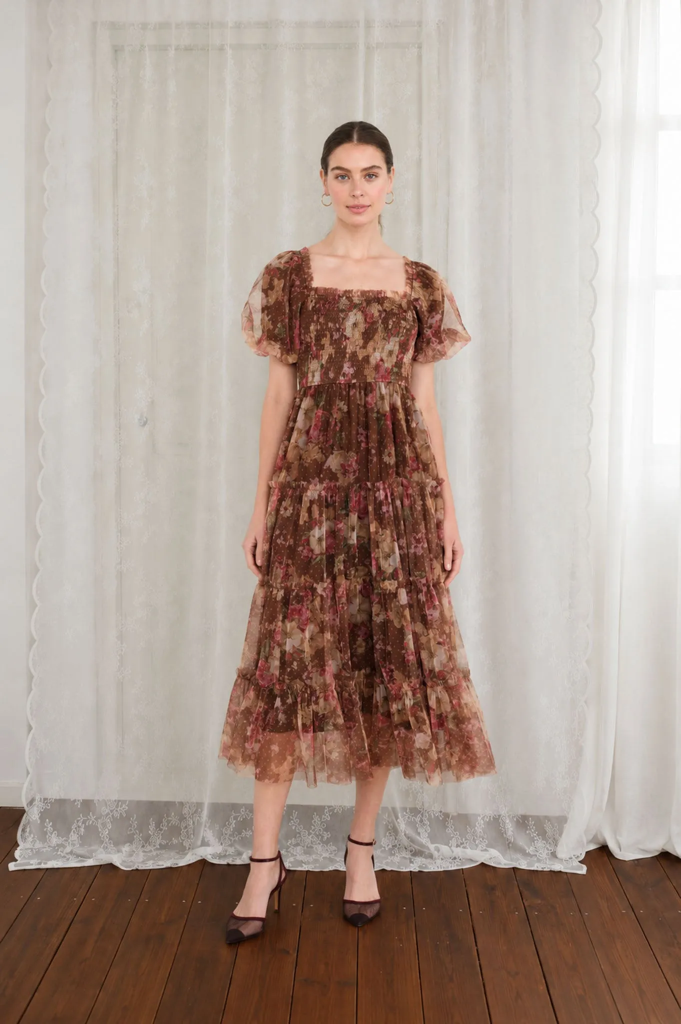 FLORAL POLKA DOT TULLE PUFF SLEEVE MIDI DRESS sold by Blu Pepper