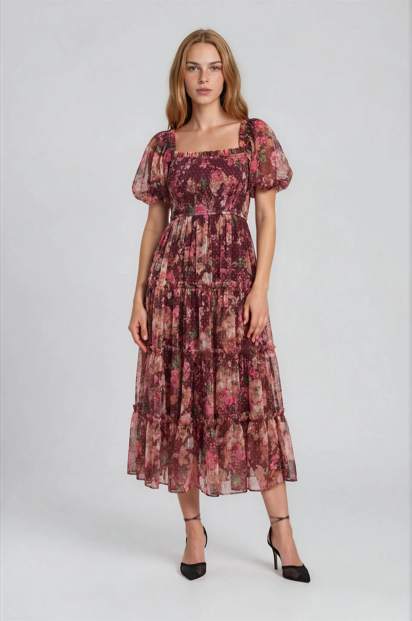 FLORAL POLKA DOT TULLE PUFF SLEEVE MIDI DRESS sold by Blu Pepper product image thumbnail 4