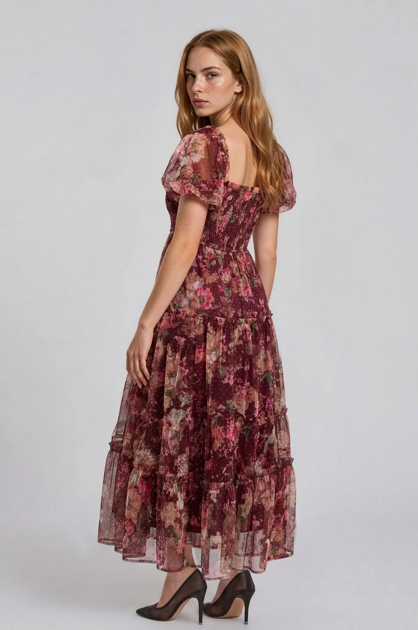 FLORAL POLKA DOT TULLE PUFF SLEEVE MIDI DRESS sold by Blu Pepper product image thumbnail 5