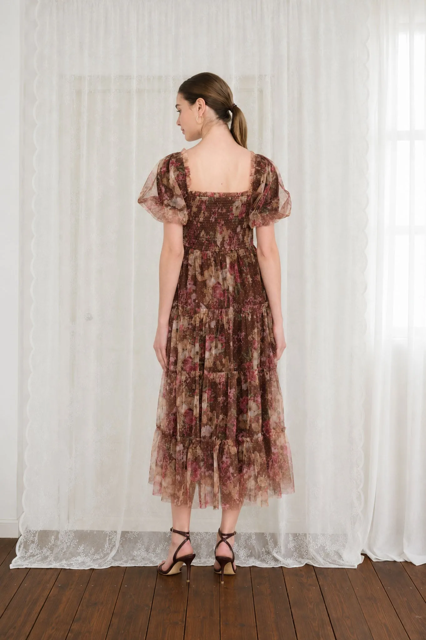 FLORAL POLKA DOT TULLE PUFF SLEEVE MIDI DRESS sold by Blu Pepper product image thumbnail 2