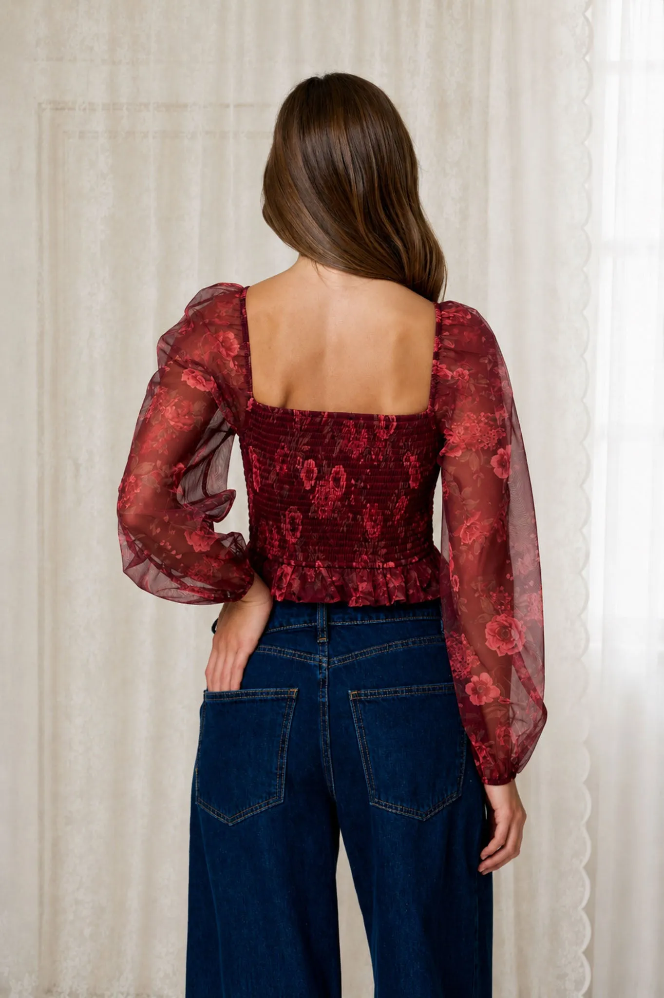 FLORAL CHIFFON SMOCKED LONG SLEEVE BLOUSE sold by Blu Pepper product image thumbnail 2