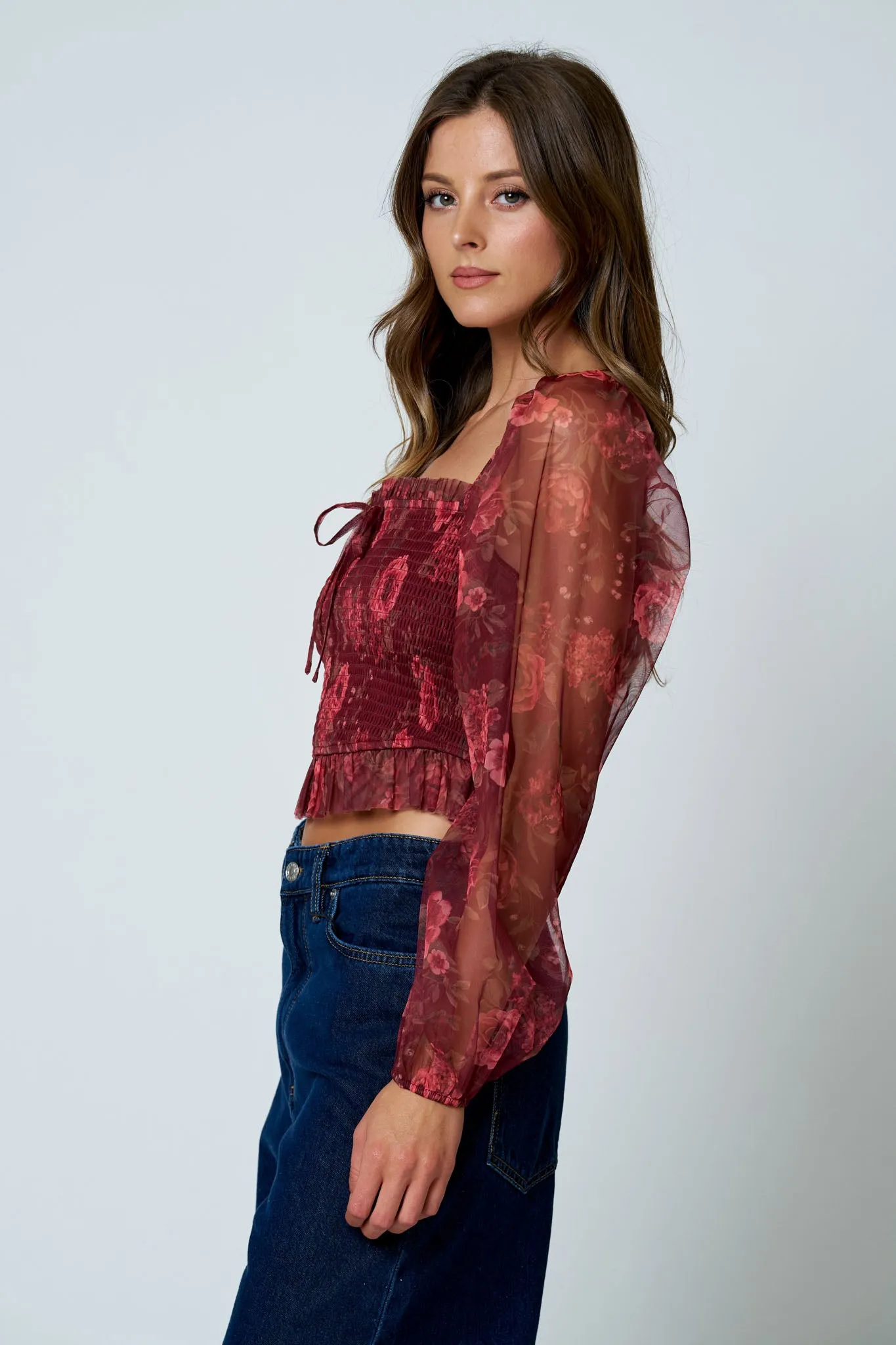 FLORAL CHIFFON SMOCKED LONG SLEEVE BLOUSE sold by Blu Pepper product image thumbnail 3