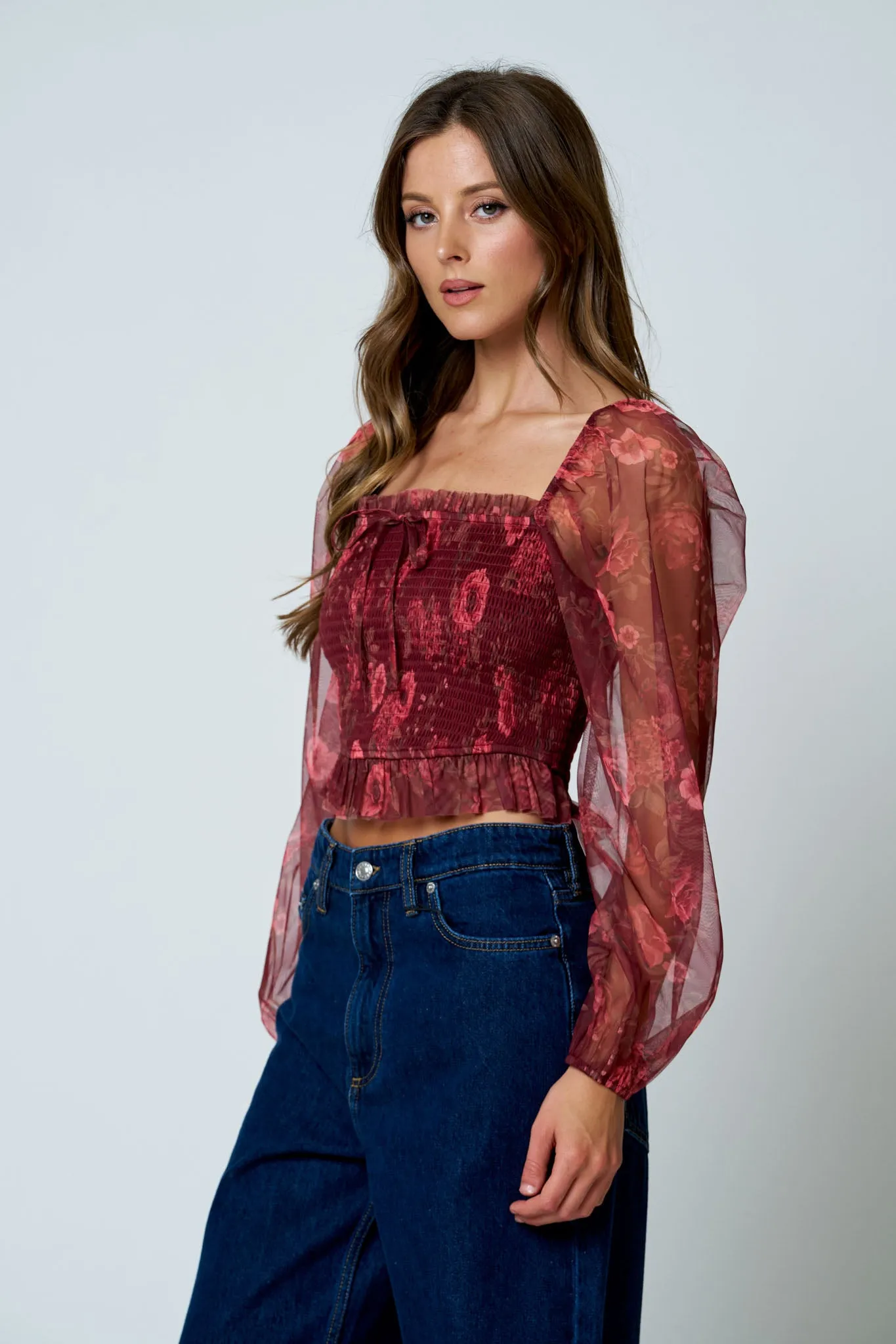 FLORAL CHIFFON SMOCKED LONG SLEEVE BLOUSE sold by Blu Pepper product image thumbnail 5