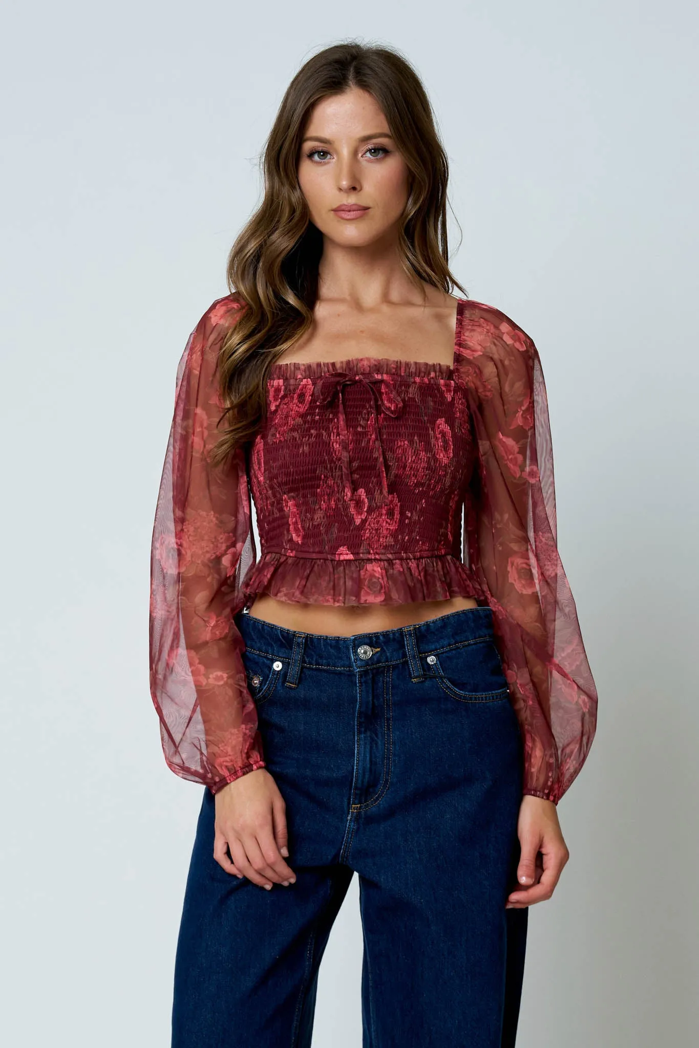 FLORAL CHIFFON SMOCKED LONG SLEEVE BLOUSE sold by Blu Pepper product image thumbnail 4