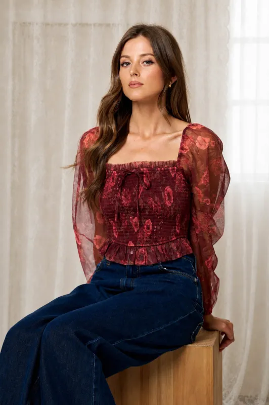 FLORAL CHIFFON SMOCKED LONG SLEEVE BLOUSE made by Blu Pepper