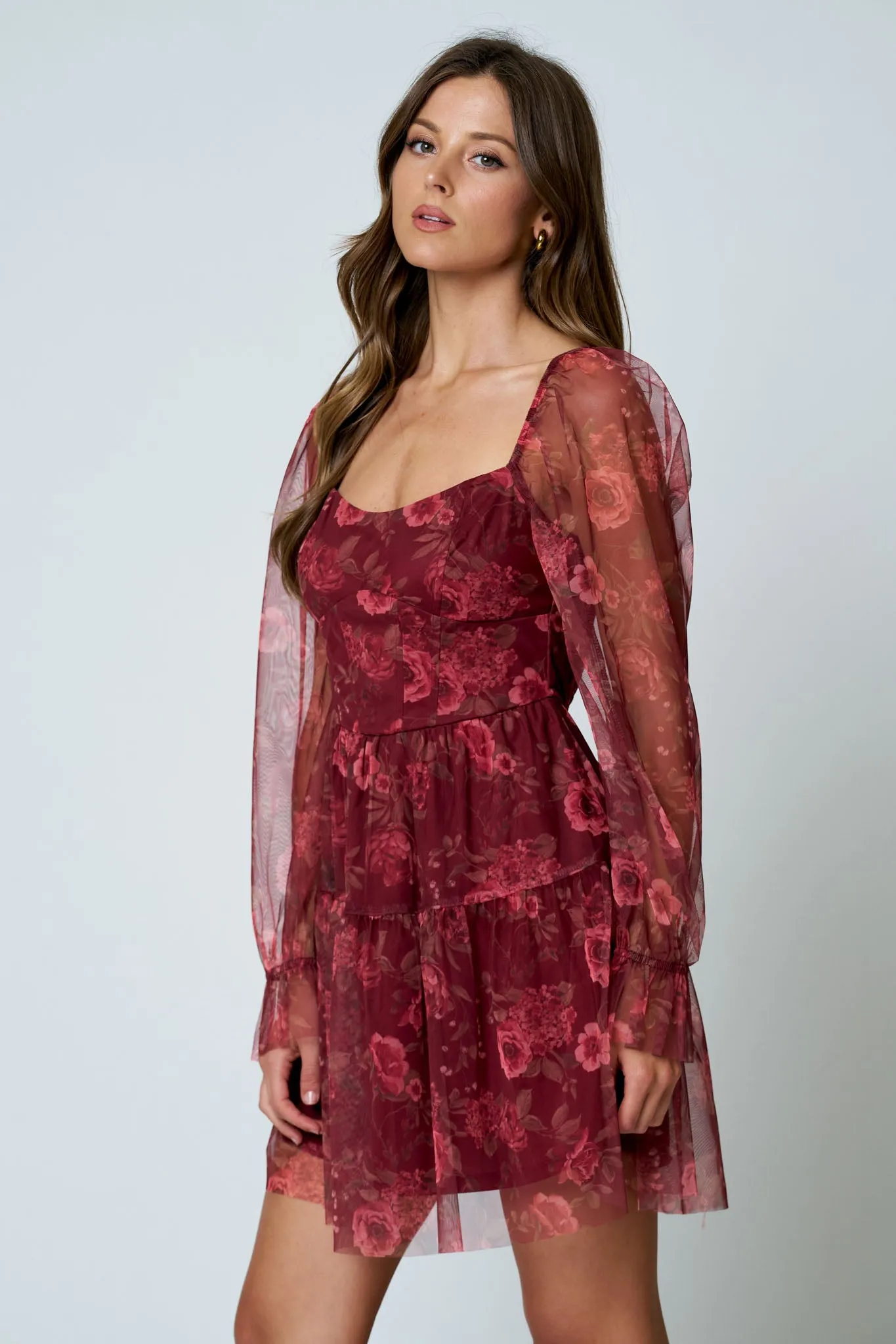 FLORAL CHIFFON LONG SLEEVE CORSET MINI DRESS sold by Blu Pepper product image thumbnail 5