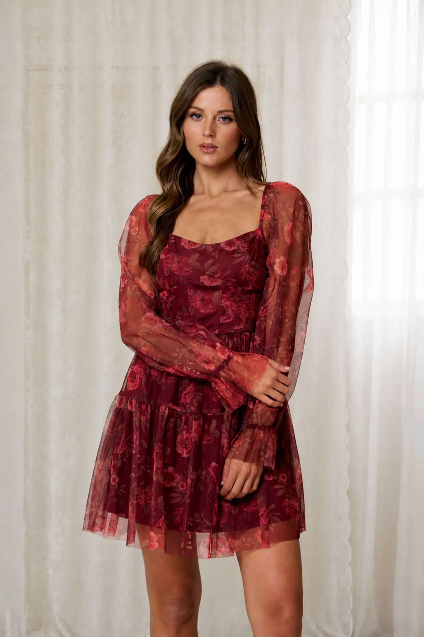 FLORAL CHIFFON LONG SLEEVE CORSET MINI DRESS sold by Blu Pepper product image thumbnail 3