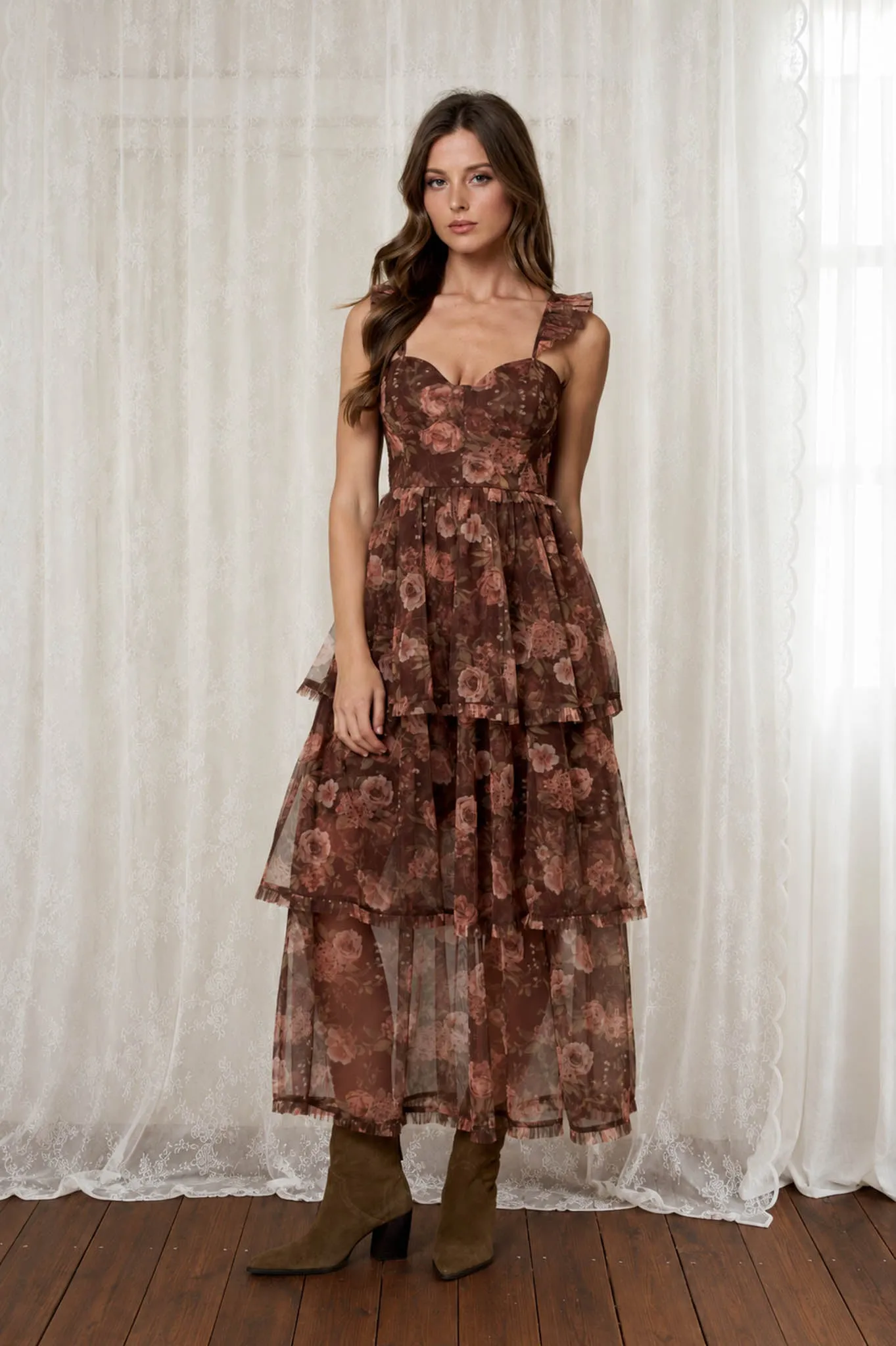 FLORAL CHIFFON RUFFLE TIERED CORSET MIDI DRESS sold by Blu Pepper product image thumbnail 5