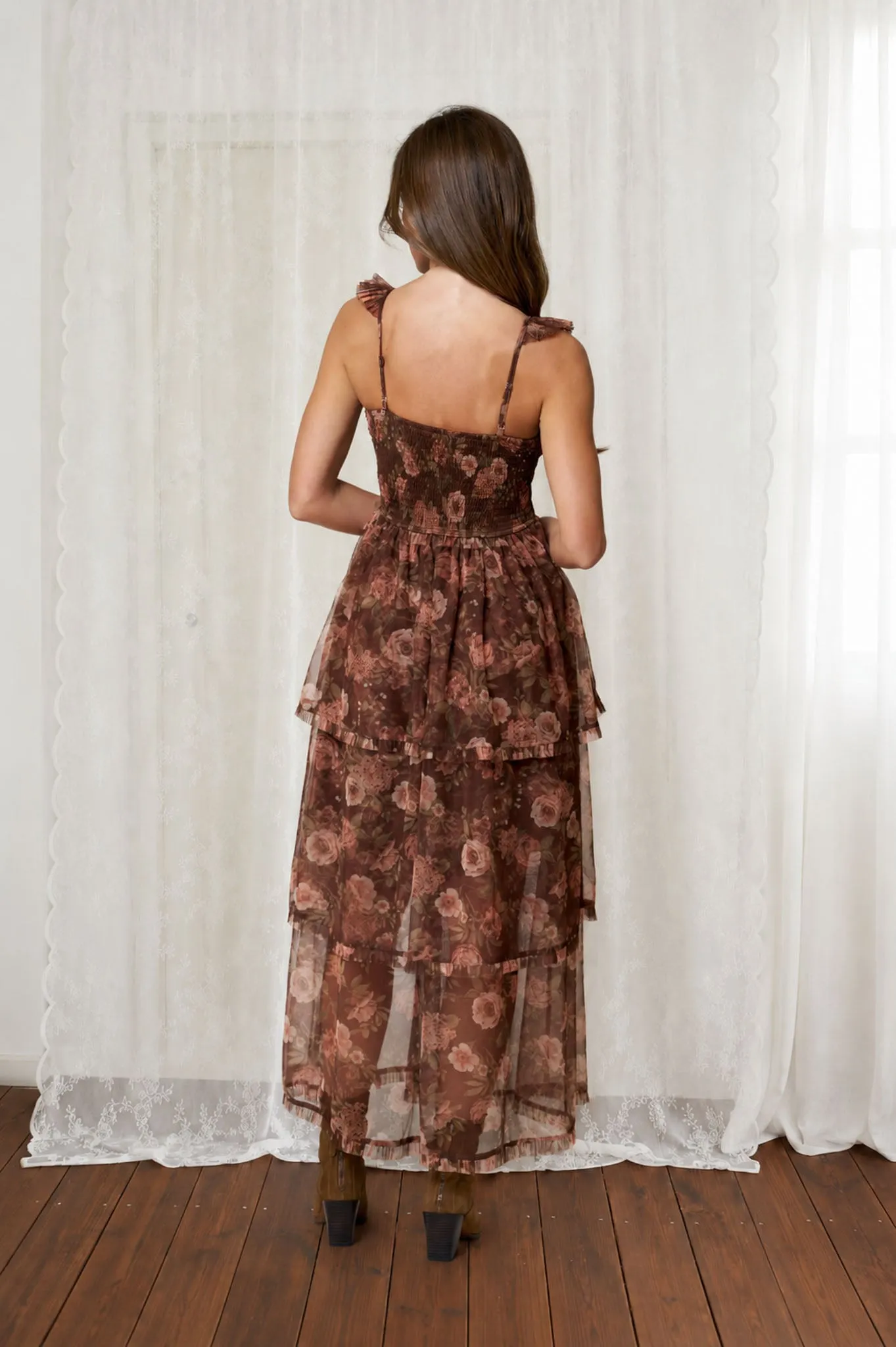 FLORAL CHIFFON RUFFLE TIERED CORSET MIDI DRESS sold by Blu Pepper product image thumbnail 2