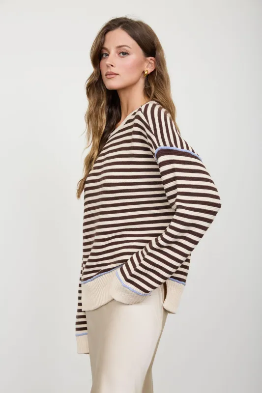 STRIPE CONTRAST STITCH RAW EDGE KNIT SWEATER (PRE-ORDER) made by Blu Pepper